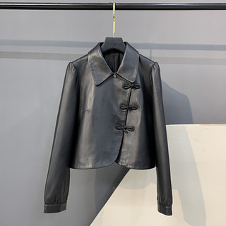 New Chinese-Style Retro Buckle Genuine Leather Jacket for Women, Slim-Fit Short Square-Neck Pure Leather Coat, Trendy