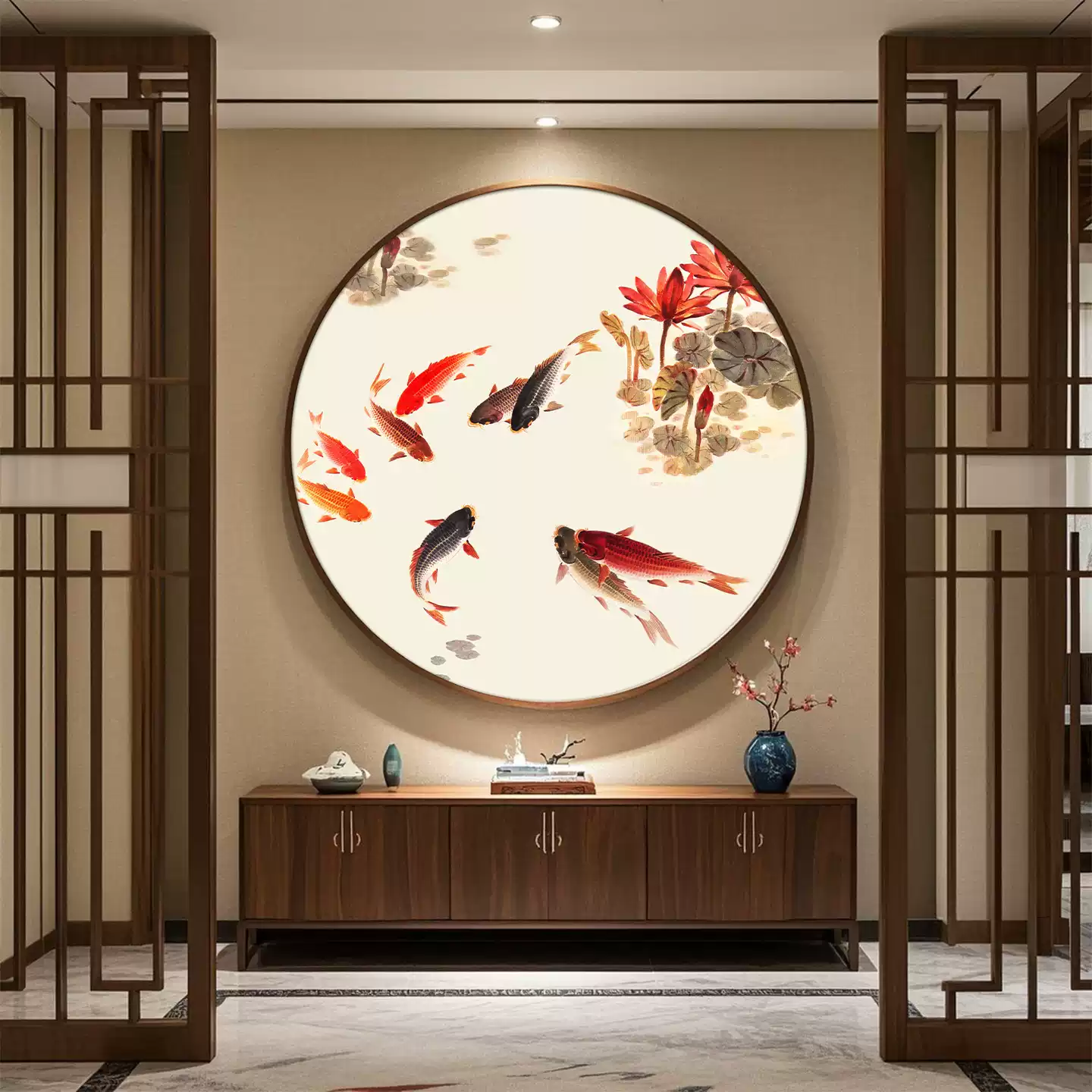 九魚圖掛畫新中式玄關裝飾畫實木框圓形錦鯉聚財壁畫-Taobao-Tmall