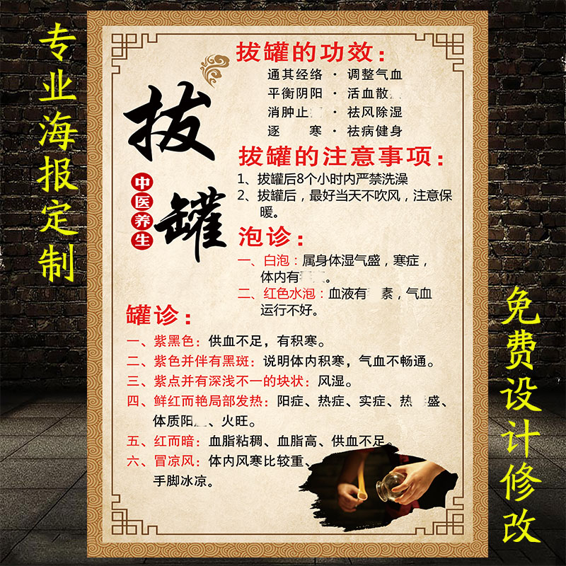 Scraping and cupping advertising posters on the wall promotional posters and corresponding symptoms illustrations TCM cupping shop activity pictures