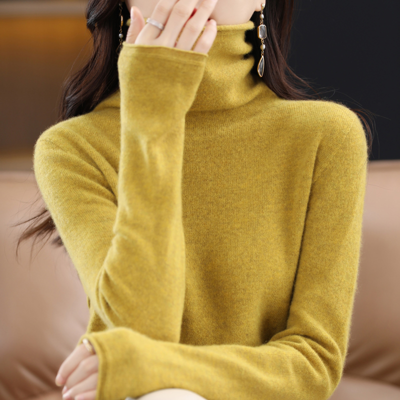 Merino 100% Wool Sweater for Women, Turtleneck Long-Sleeve Sweater, Loose and Versatile, High-Neck Cashmere Sweater, Knitted Base Layer
