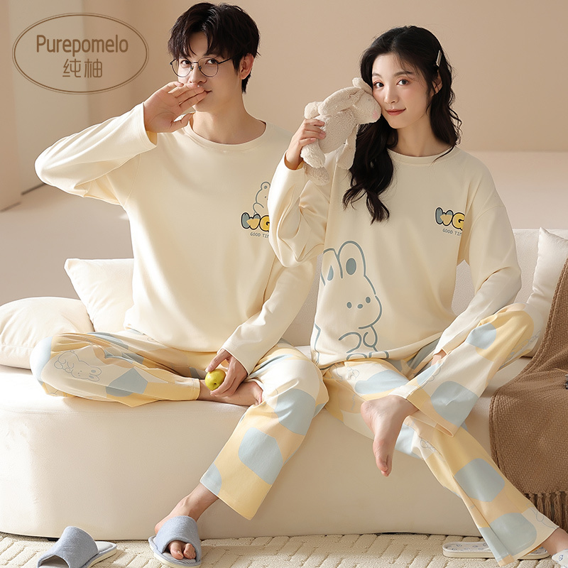100% Pure Cotton Couple Pajamas Autumn Style Long-Sleeved Cartoon Sweet Spring and Autumn 2025 New Men's and Women's Home Wear Set