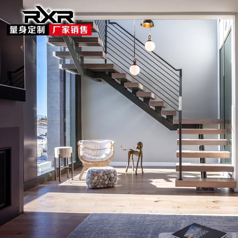 RXR super-heavy indoor overall duplex loft villa straight beam steel wood staircase home loft wood staircase