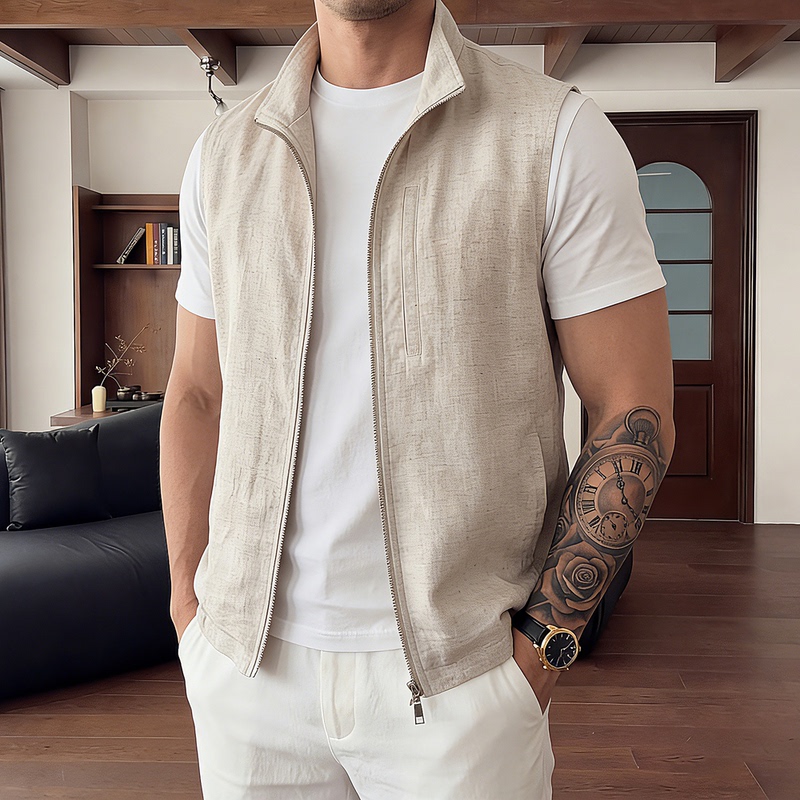 Lyocell Linen Italian-Style Small Stand-Up Collar Vest Zipper Jacket Old Money Style Casual Business Men's Thin Vest Lyocell Linen Italian-Style Small Stand-Up Collar Vest Zipper Jacket Old Money Style Casual Business Men's Thin Vest