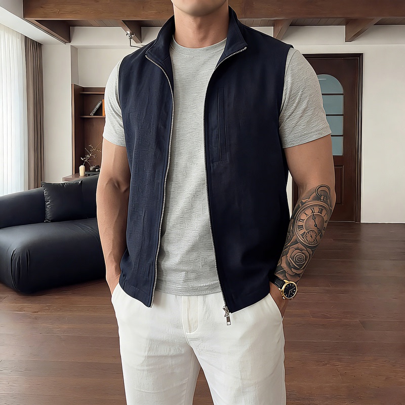 [Lyocell Linen] Summer Lightweight Casual Stand-Up Collar Vest Men's Sports Outdoor Vest Jacket Spring & Fall