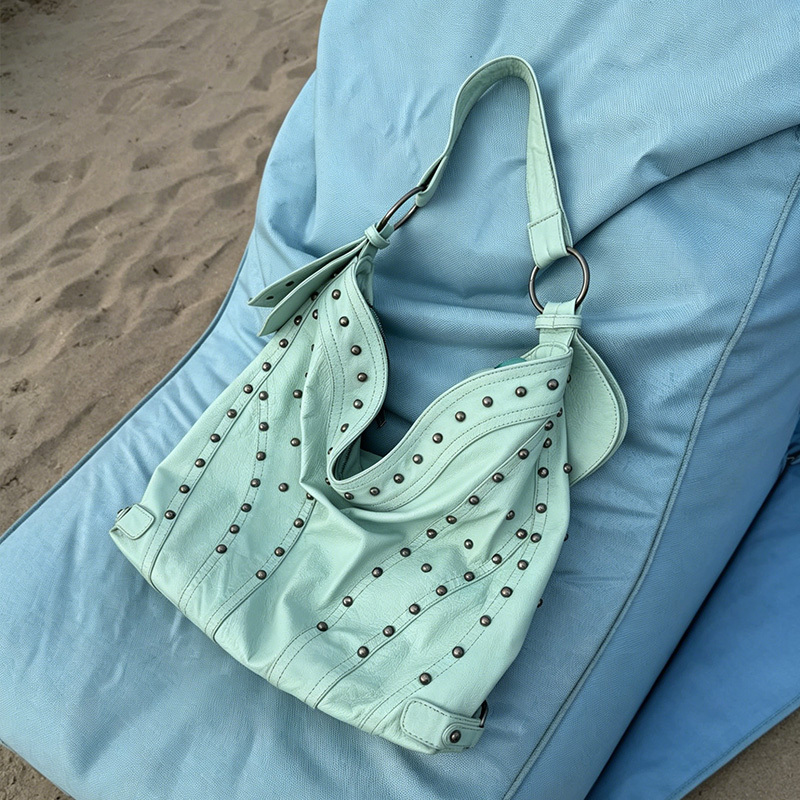 Mint Green Studded Handbag for Women, Fashionable and Unique Biker Style, Casual Shoulder Bag