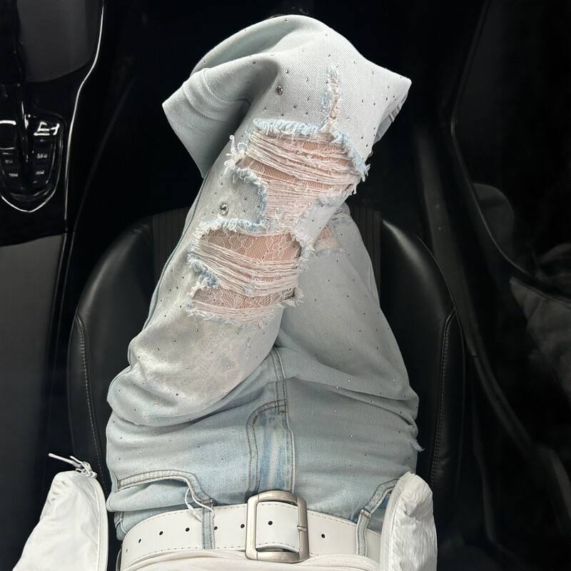 Light Blue Lace Ripped Rhinestone Jeans for Women, Spring and Summer New Style, Plus Size, High Waist, Slimming, Loose Wide-Leg Pants
