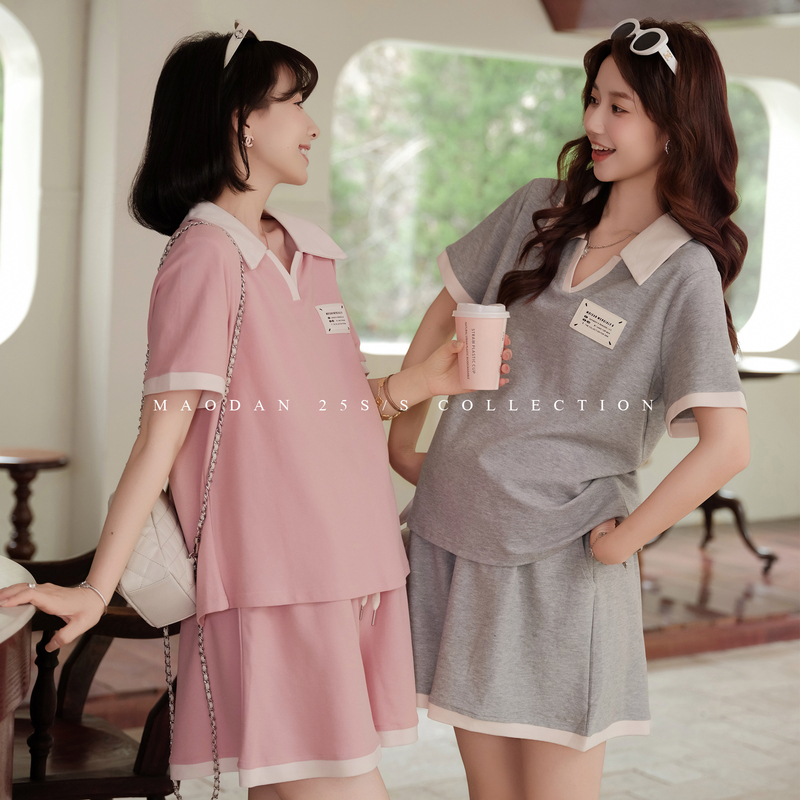 Cat-Themed [Wafer Candy Box] Nana's Maternity Outfit Set for Pregnancy, Summer Short-Sleeve Two-Piece Loose Fit