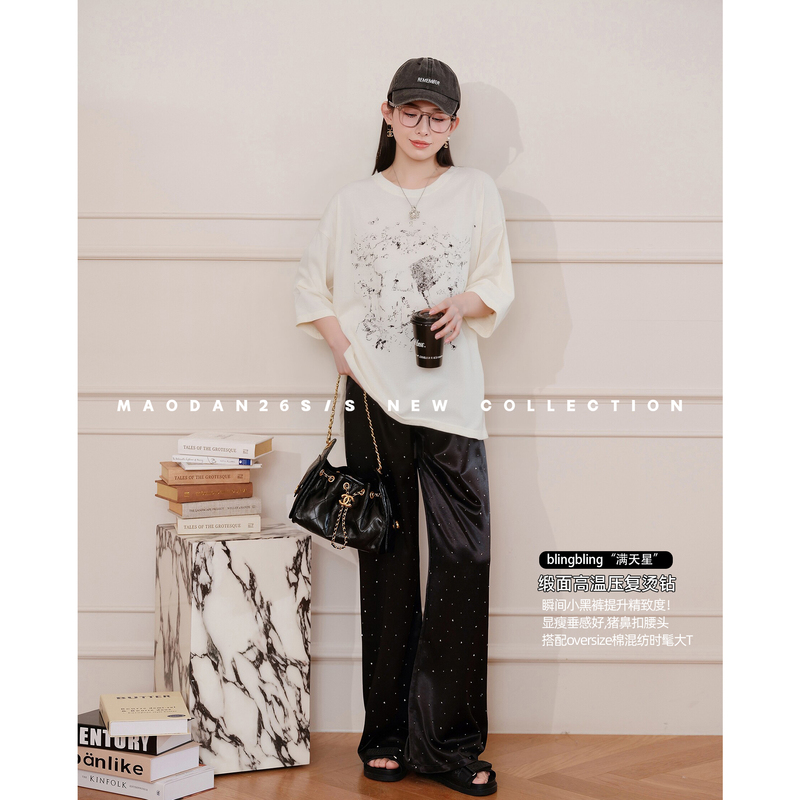 Cat Single [Brilliant Black Pine] [Cotton] Maternity Wear Spring/Summer New Fashionable Stylish Top and Pants Two-Piece Set