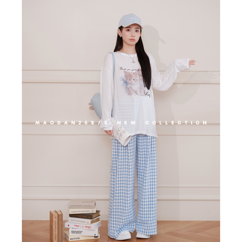 Cat-Themed [Blue Cat] [Lyocell] Maternity Wear Summer New Thin Sun-Protective Long-Sleeve Top and Long Pants