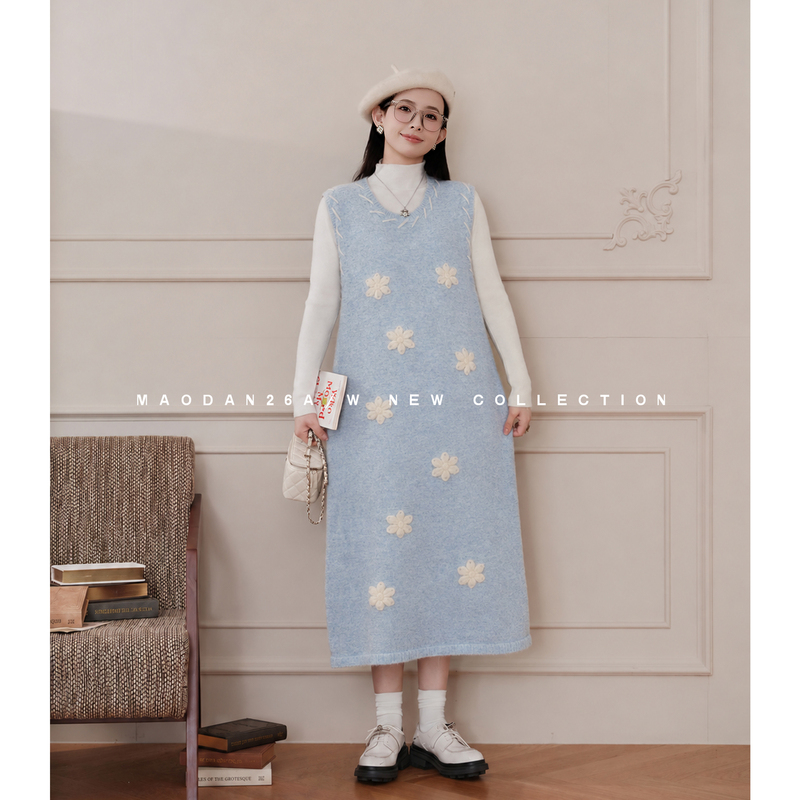 Cat Single [Light Blue Daisy] [Wool] Maternity Wear Autumn New Arrival Gentle Slimming Tank Dress