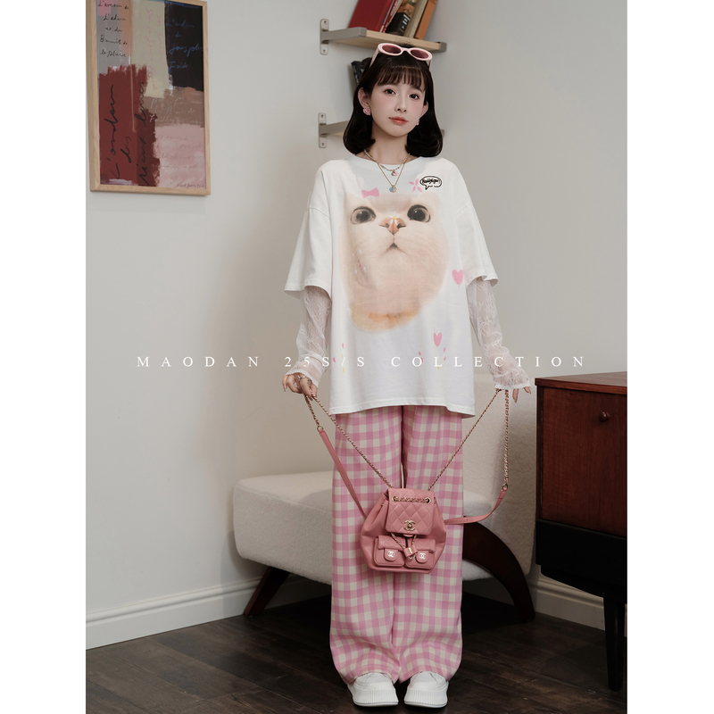 Cat-Themed [Cute Meow Meow] Nana's Maternity Wear New Spring/Summer Plaid Casual Pants Set