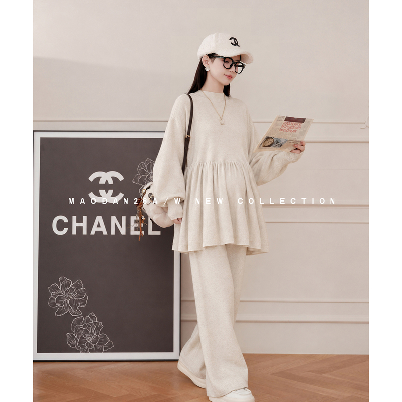 Cat-Themed [Jianrou Zhi'An] Maternity Set Autumn/Winter New Fashionable Lazy Old-Money Style Top and Pants