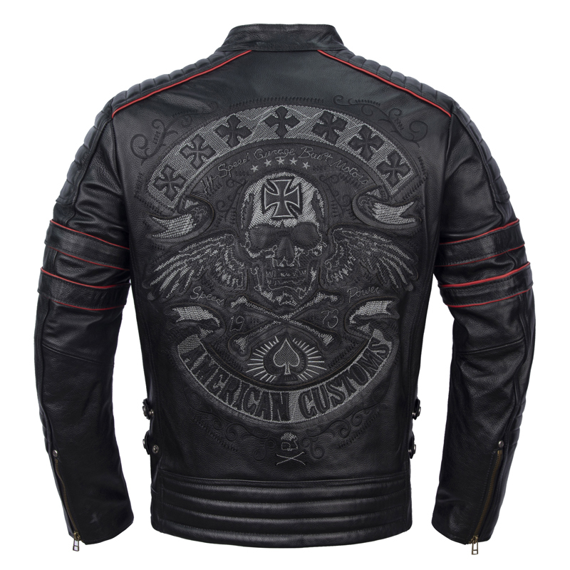 New Motorcycle Clothing Genuine Leather Jacket Men's First Layer Cowhide Heavy Industry Skull Embroider Pure Leather Motorcycle Cycling Clothing Jacket