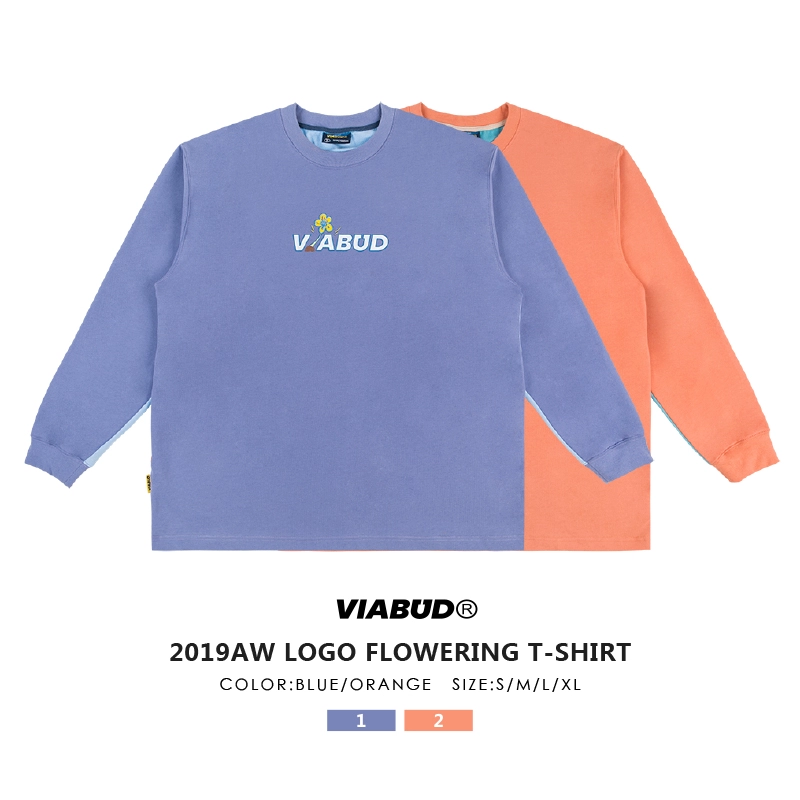 VIABUD 19AW hoa cúc nhỏ in logo hip-hop quốc gia lỏng lẻo cổ tròn khâu màu tương phản áo thun dài tay nam - Áo phông dài