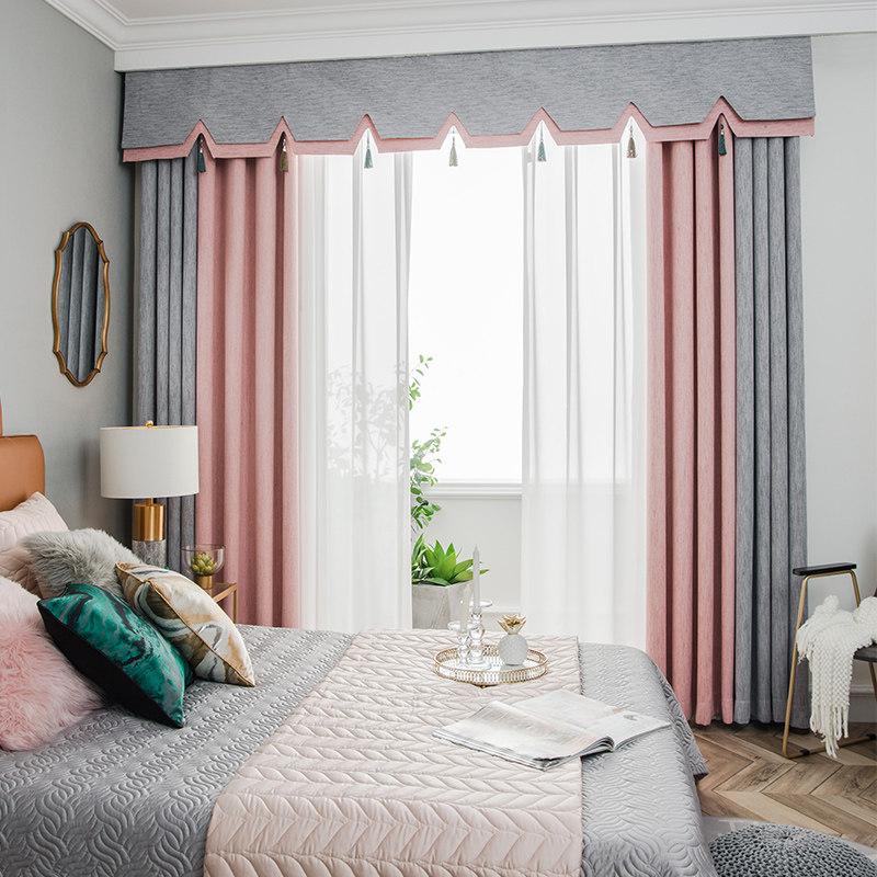 Huizhou plain stitching curtain cloth Nordic style modern minimalist light luxury blackout bedroom living room balcony floor-to-ceiling bay window