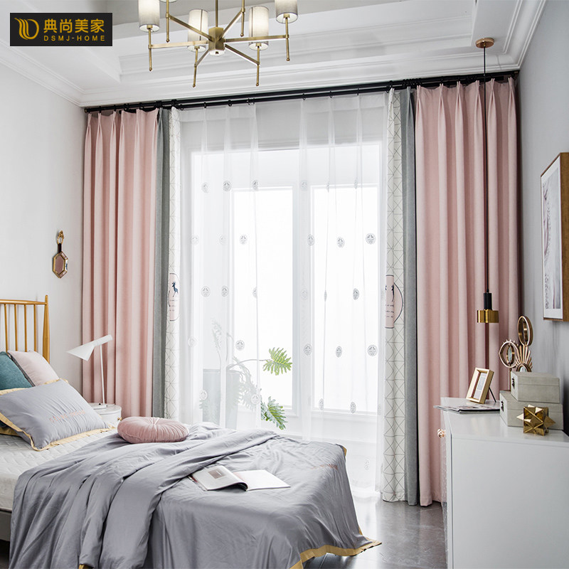 Nordic color matching bedroom blackout curtain fabric girls pink custom finished color matching living room bay window floor-to-ceiling windows aw