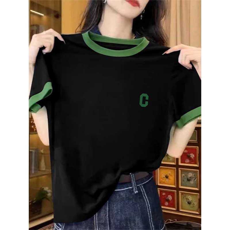 Korean Niche Unique Design Color-Blocked Pure Cotton Short-Sleeve T-Shirt for Women ins Fashionable Stylish Top Summer Base Shirt