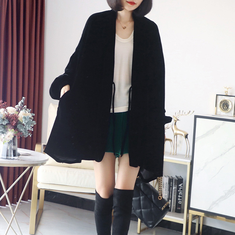 Elegant and Casual Fashion Tie-Up Bathrobe Design, Silk Velvet Mid-Length Plus-Size Coat, Loose-Fitting Cotton Jacket