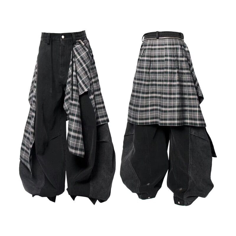 American High Street Detachable Plaid Patchwork Jeans for Men, Trendy Brand, Cool and Retro, Loose Fit, Versatile Straight-Leg Wide-Leg Pants