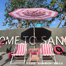 Monda Click Customize Taiwan Wind Horizontal Stripes Pink White Strips Double Top Beach Umbrella With White Rack Powder White Strips Casual Deck Chairs Table