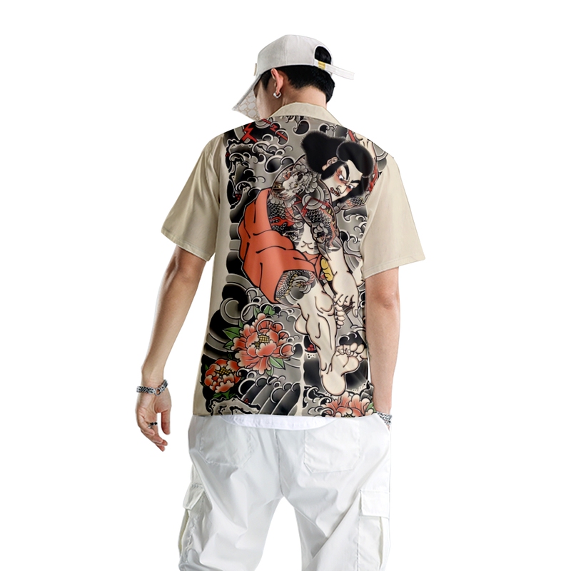 Retro Japanese Ukiyo-E Tattoo Print Shirt Men's Casual Oversized Loose Street Harajuku Beach Shirt