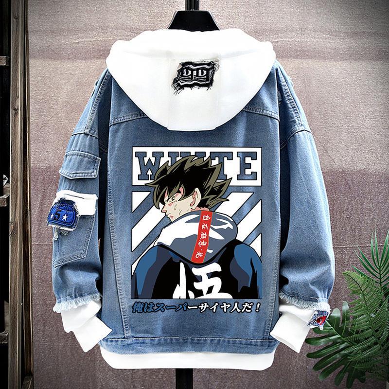 Japanese Anime Dragon Ball Collaboration 2024 Spring New Student Hooded Sweatshirt Trendy Brand Goku Denim Jacket for Men