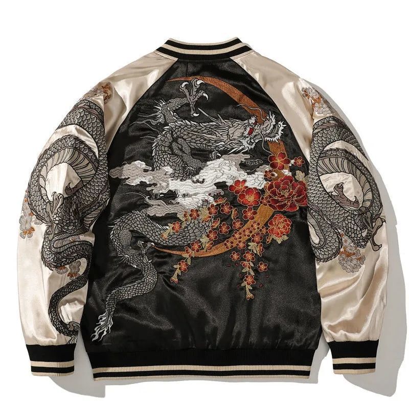 Embroidered Japanese Yokosuka Tattoo-Style Baseball Jacket for Men and Women, National Trend, Heavy Craftsmanship, Trendy Color-Blocking Dragon Pattern