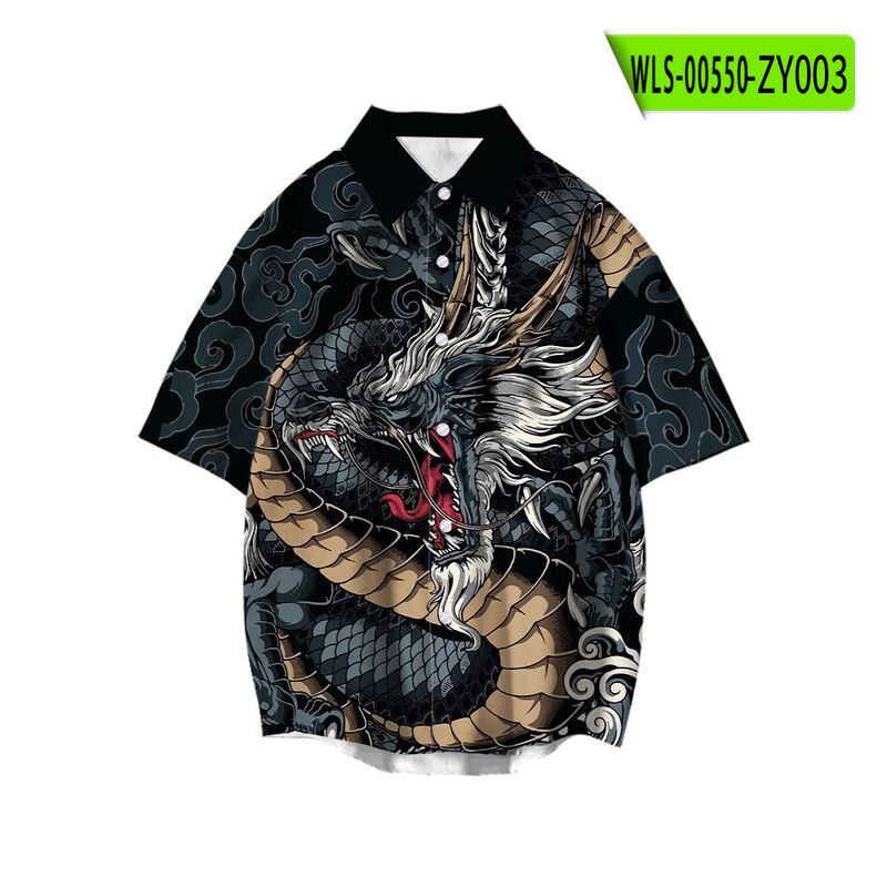 Japanese Style Element Black Style Retro Cuban Collar Shirt Short-Sleeved Summer Ice Silk Hawaiian Bulong Tattoo Shirt for Men