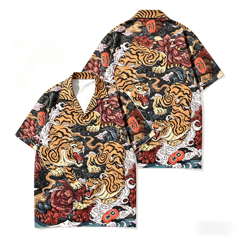 Ukiyo-E Print Non-Fading Hawaiian Shirt Men's Casual Street Harajuku Beach Shirt Trendy Summer Retro