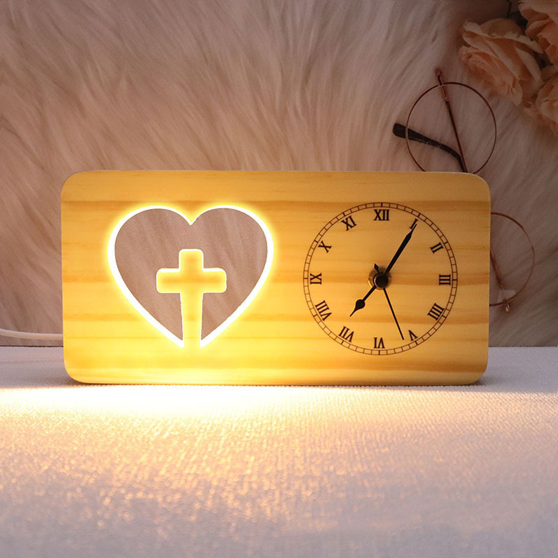 Solid Wood Hollow Clock 3D Night Light Heart Cross Church Christmas Led Table Lamp Home Desktop Decoration