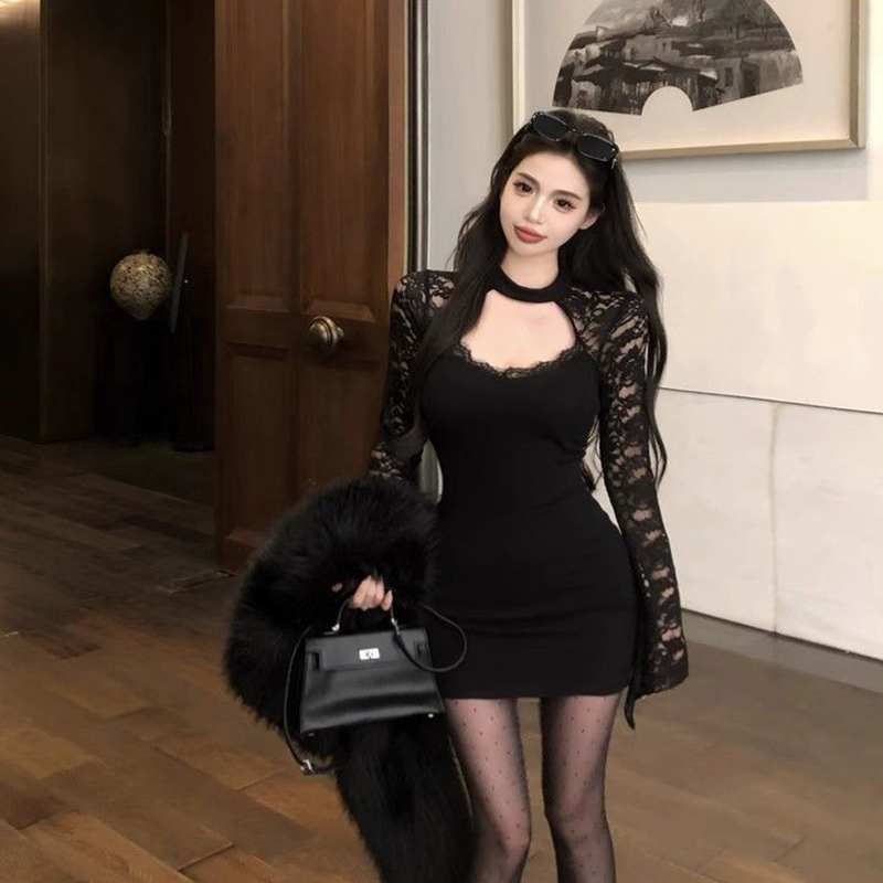 French Lace Spliced Bell-Sleeve Dress for Women, New Spring and Autumn Style, Elegant Waist-Cinching, Sexy and Classy, Bodycon Short Skirt