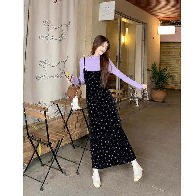 French high-end floral halter dress for women 2025 Spring and Autumn new style, elegant, waist-cinching and slimming set long dress