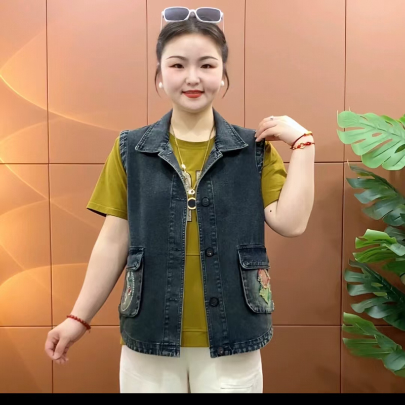 Summer Outer Vest, Casual and Versatile, Loose, Large Size, Retro, Sleeveless, Washed Denim Vest for Middle-Aged Women