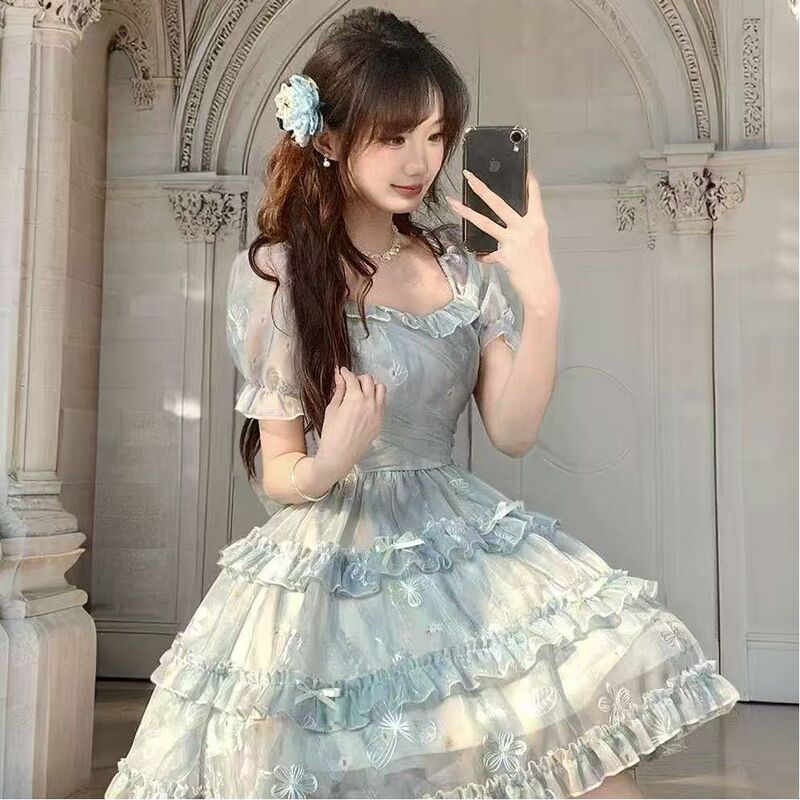French-Style Square-Neck Puffy Dress with a High-End Design, Sweet Style, and a Blue Super-Fairy Cake Dress