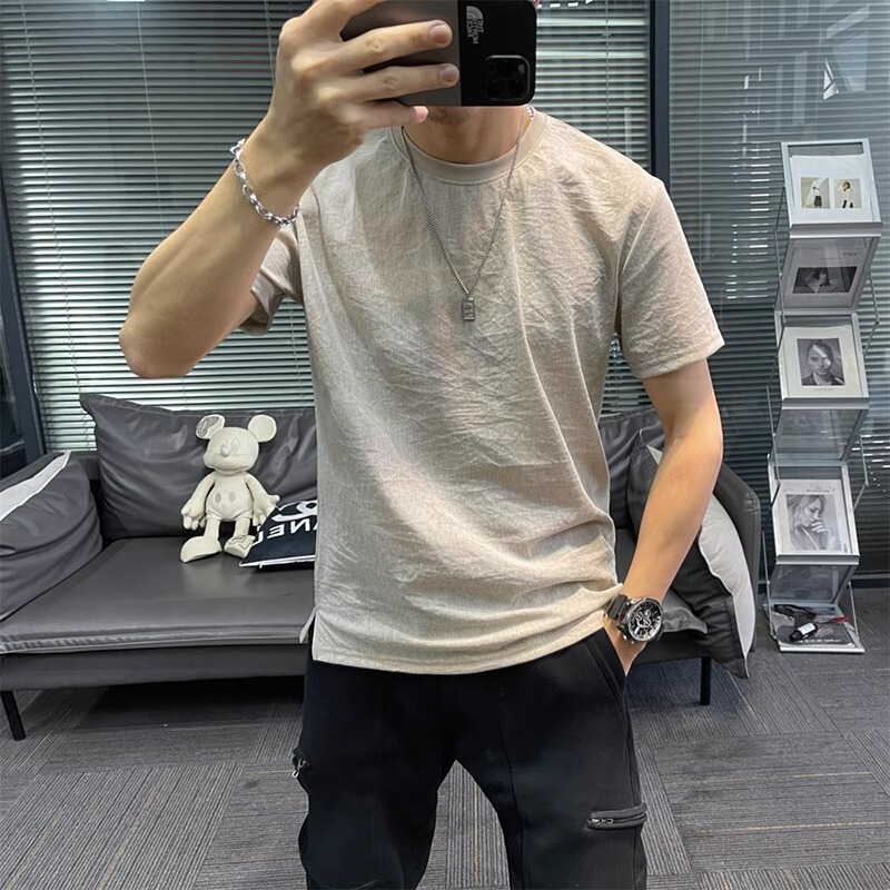 Tencel Cotton and Linen Short-Sleeved T-Shirt for Men 2025 Summer Men's Pure Color Cool Linen Quick-Drying Ice Silk Breathable Trendy Brand Style Tencel Cotton and Linen Short-Sleeved T-Shirt for Men 2025 Summer Men's Pure Color Cool Linen Quick-Drying Ice Silk Breathable Trendy Brand Style