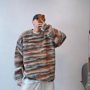 Pullover striped sweater men's autumn and winter 2025 new lazy style couple tops retro loose knitted sweater jacket Pullover striped sweater men's autumn and winter 2025 new lazy style couple tops retro loose knitted sweater jacket