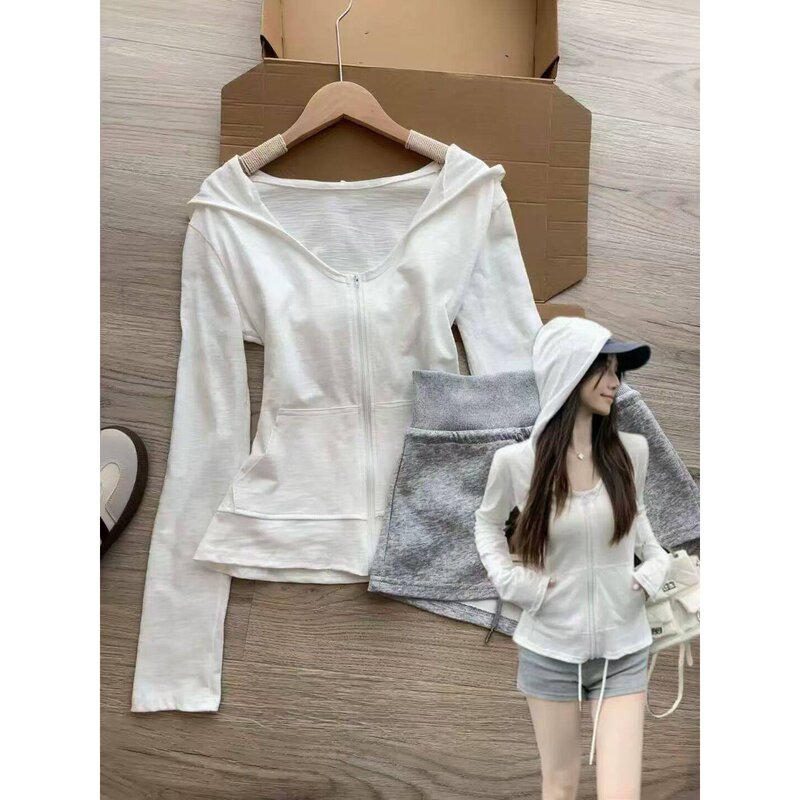 Designed for a Sexy Look, White Slim-Fit Long-Sleeve Casual Sun-Protective American-Style Zip-Up Hooded Cardigan Jacket Top