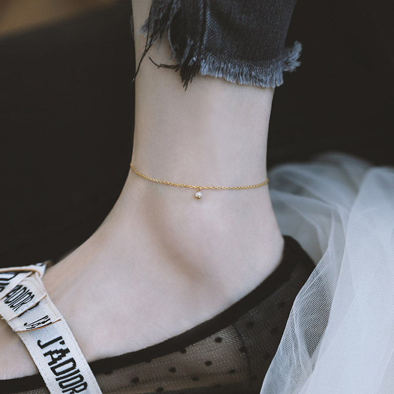 Silver Benjia s925 sterling silver plated 14K gold anklet female Korean version simple personality natural freshwater pearl foot chain