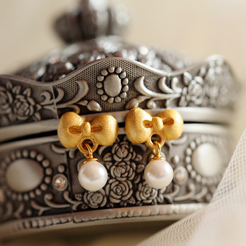 Silver Moto Home Original Bow Tie s925 Pure Silver Plated 24K Gold Natural Pearl Earrings Female Sweet Princess Wind Earrings