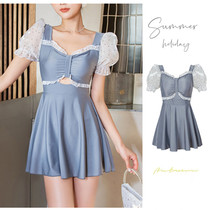 2022 New gray conjoin skirt short sleeve gathering female fairy waist high waist pure color student holiday in wind