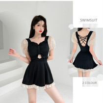 Fairy Fan High Waist Pure Color Swimsuit Woman Closed to Skin Two Pieces of Korean Ins Bubble Spring Vacation