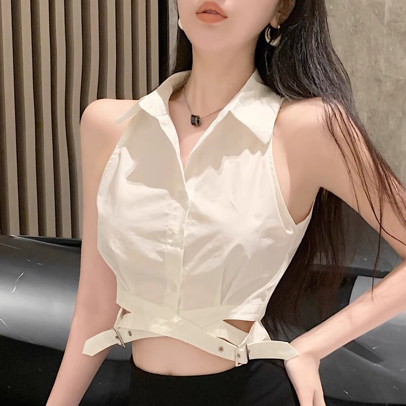 White Short Polo Collar Sleeveless Shirt Vest for Women, Summer Slim Fit, Slimming, Sexy, Pure Desire Style, Niche Trendy Top
