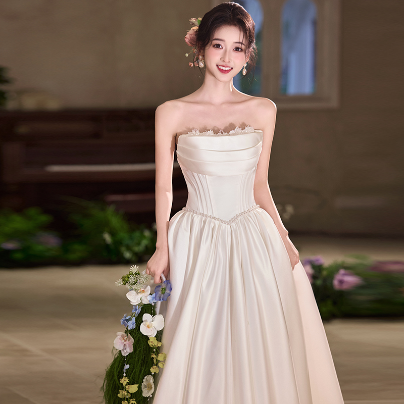 Strapless White Light Wedding Dress 2026 New Style Bride Wedding Engagement French Dress Outdoor Simple and Elegant Strapless White Light Wedding Dress 2026 New Style Bride Wedding Engagement French Dress Outdoor Simple and Elegant