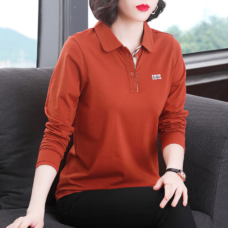 With lead long sleeve T-shirt female pure cotton loose polo shirt large size mid-middle mother's little sweatshirt with noble turtlenecks