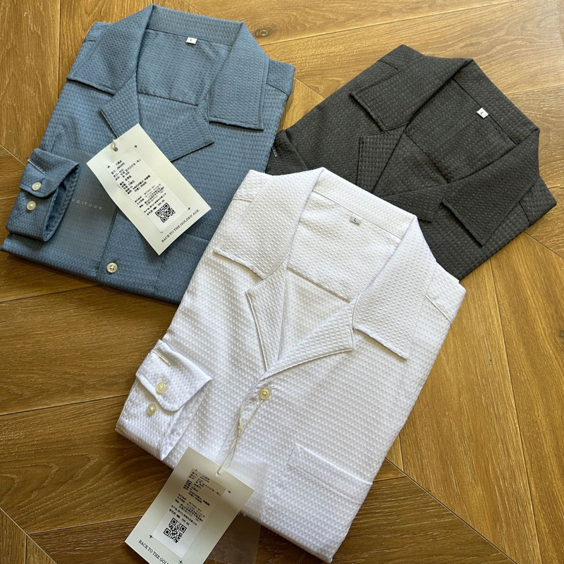 Retro Cuban Collar Italian-Style Guayabera Shirt Bamboo Fiber Jacquard Plaid Long-Sleeved Casual Shirt for Commuting