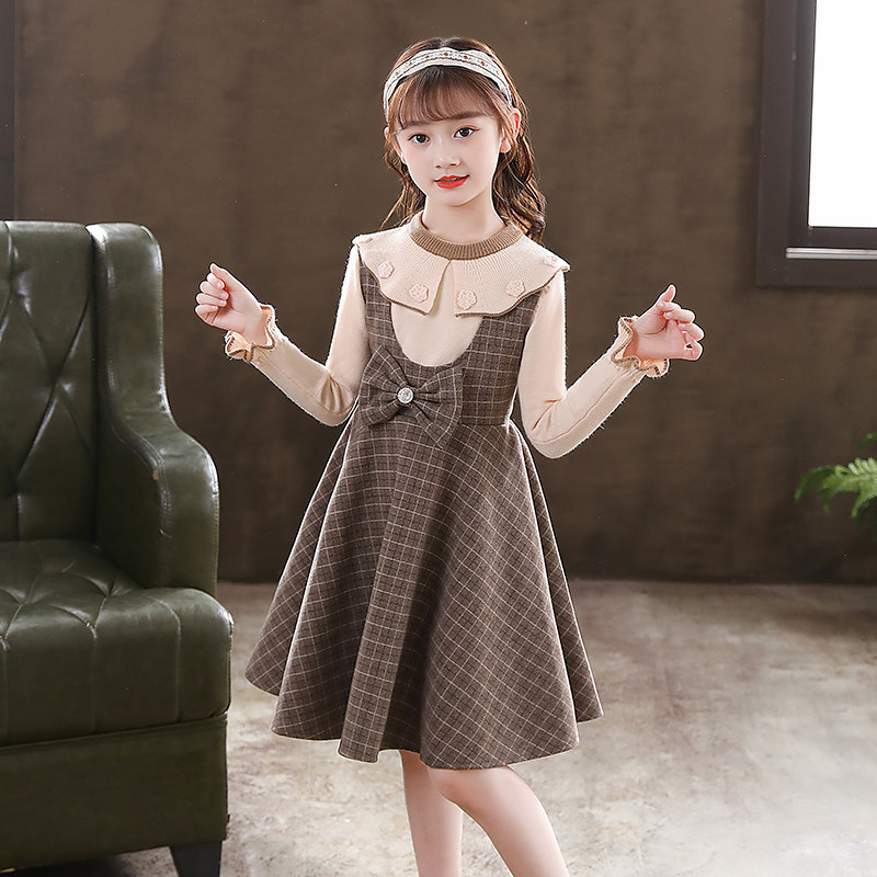 Girl Foreign Dress Spring Autumn 2022 New Spring Clothing Children's Dress Women Foreign Pie Autumn Winter Two Sets Korean Version Children Princess Dress