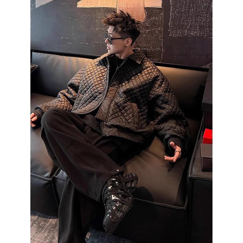 Winter Short Quilted Jacket with Diamond Pattern and Lapel for Men, Unique Design, American High Street Style, Chanel-Inspired Cotton Coat