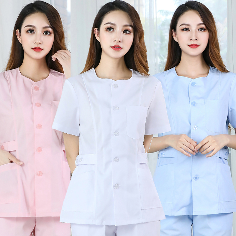 Round neck nurse clothes women's two-piece suit short-sleeved summer dress collarless pink blue beauty care confinement work clothes short