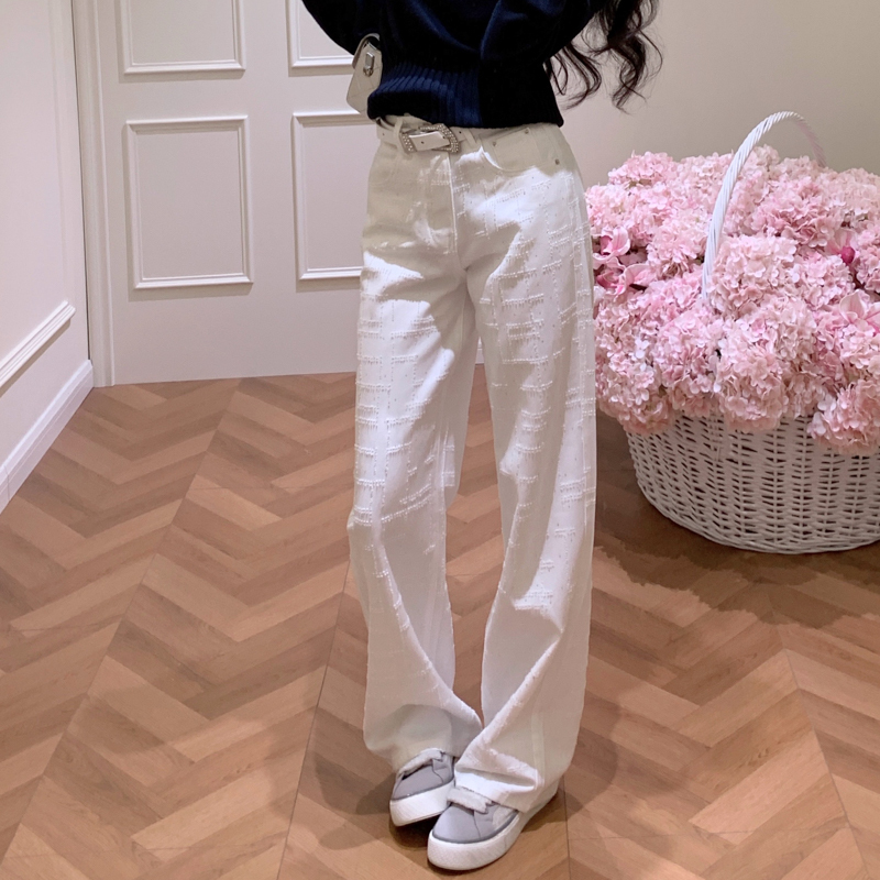 White High-Waisted Straight-Leg Floor-Length Jacquard Jeans for Women, 2026 Spring New Style, Slimming, Niche Design Long Pants