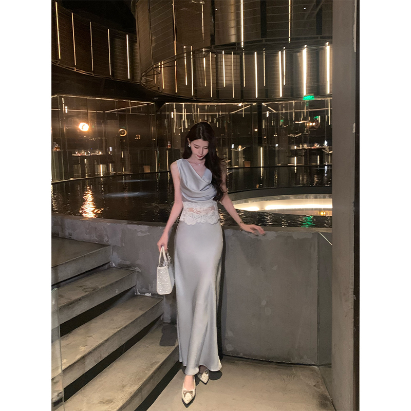 Kunzongkun【Lanting Xu】Summer Suit for Women 2026 New Style Swing Collar Top and Satin Skirt Two-Piece Set Kunzongkun【Lanting Xu】Summer Suit for Women 2026 New Style Swing Collar Top and Satin Skirt Two-Piece Set